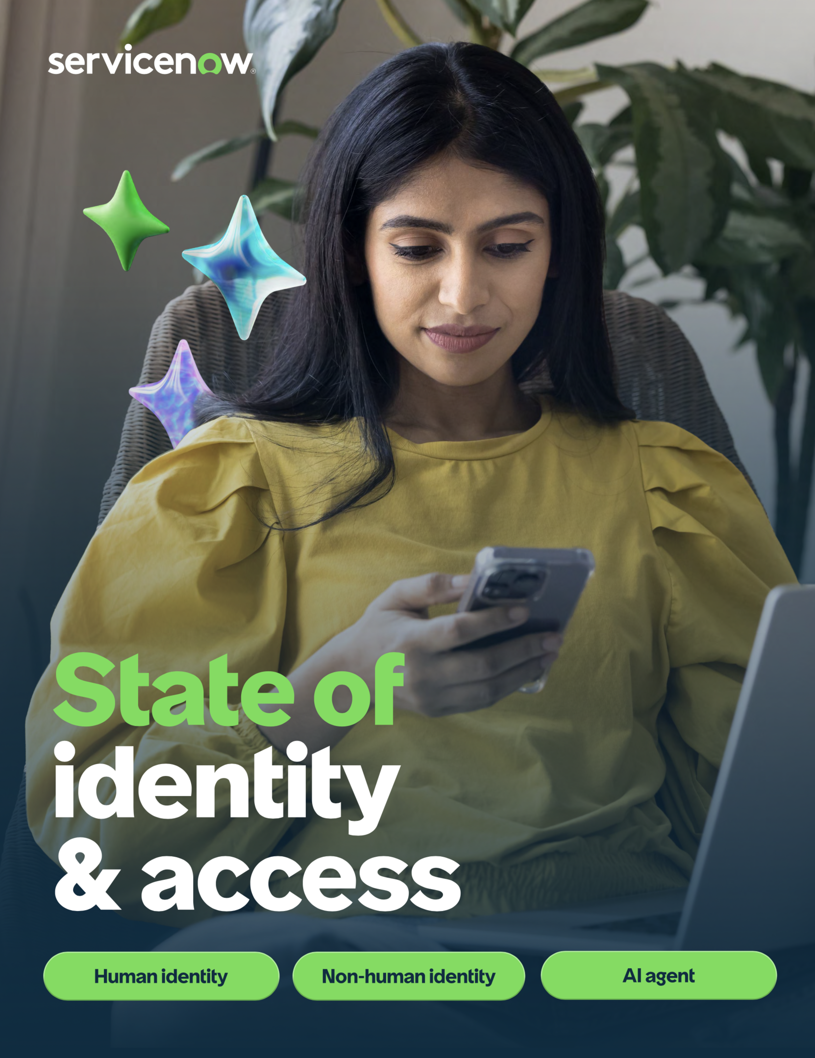 Woman looking at phone, with text 'State of identity & access', discussing human, non-human, AI identity.