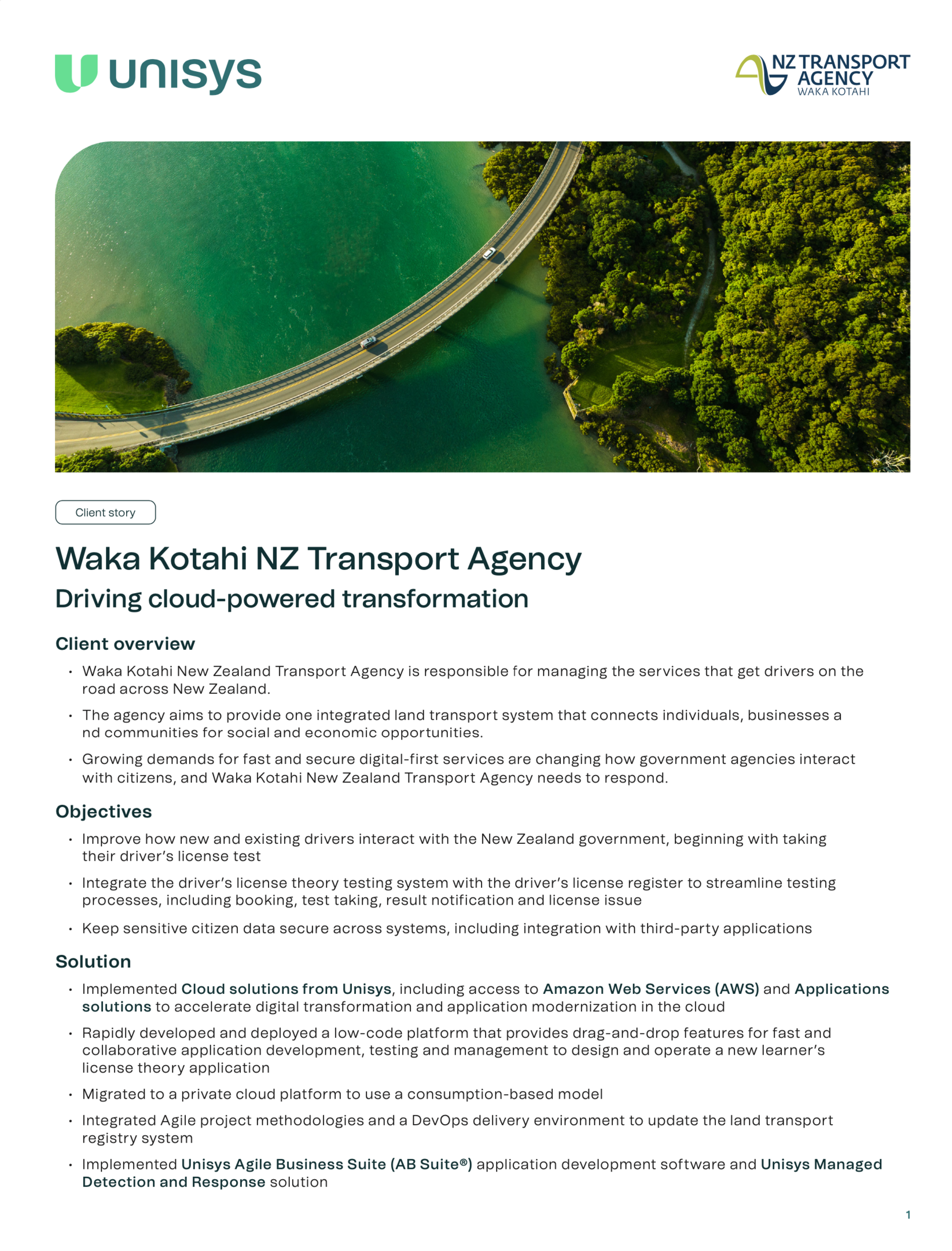 A case study document featuring a bridge over water, detailing cloud transformation for NZ Transport Agency.