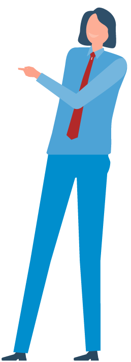 Flat design illustration of a person in a blue shirt, red tie, and blue pants, pointing to the left.