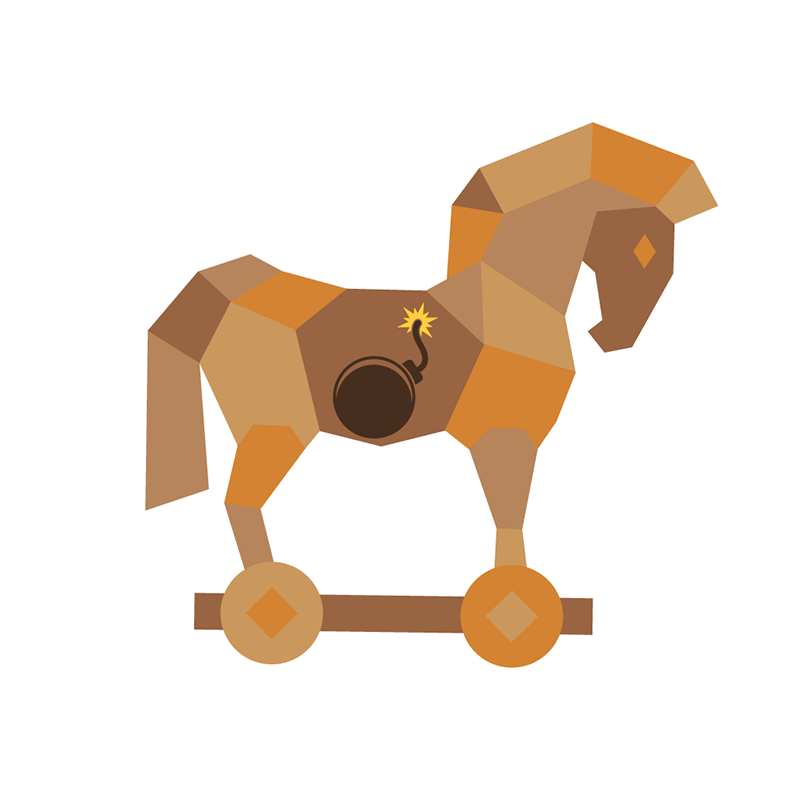Polygonal Trojan horse on wheels with a lit bomb inside, symbolizing malware or a computer virus.
