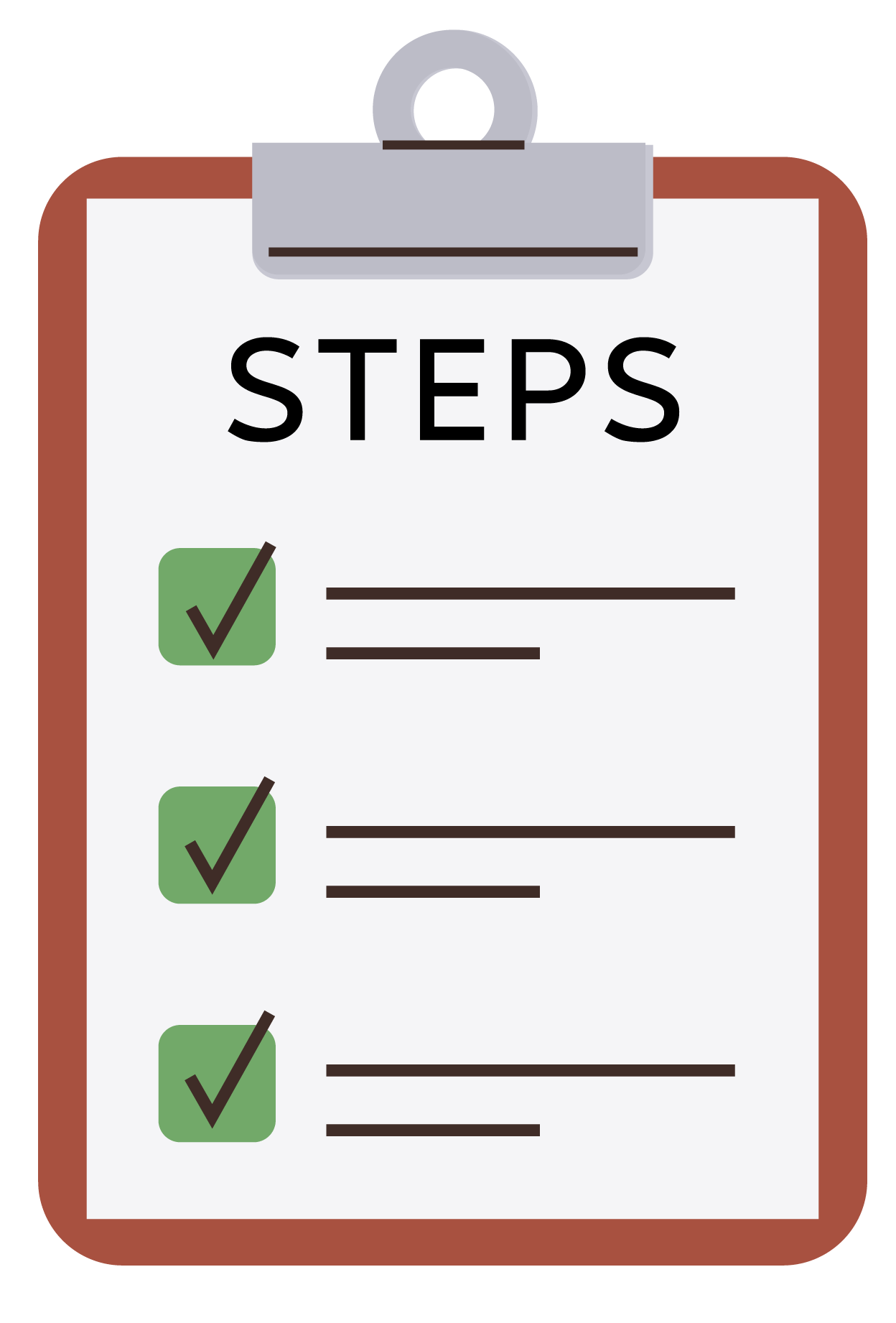 An illustration of a clipboard with a checklist, showing three checked items and the word 'STEPS'.