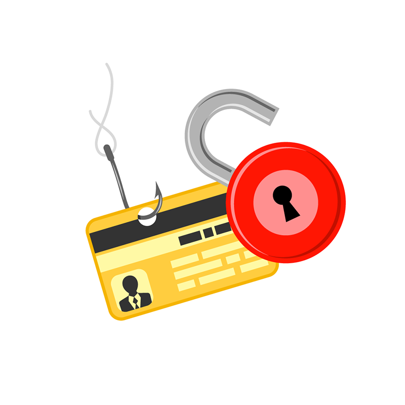 A credit card on a fishing hook with an open padlock, representing phishing and data theft.
