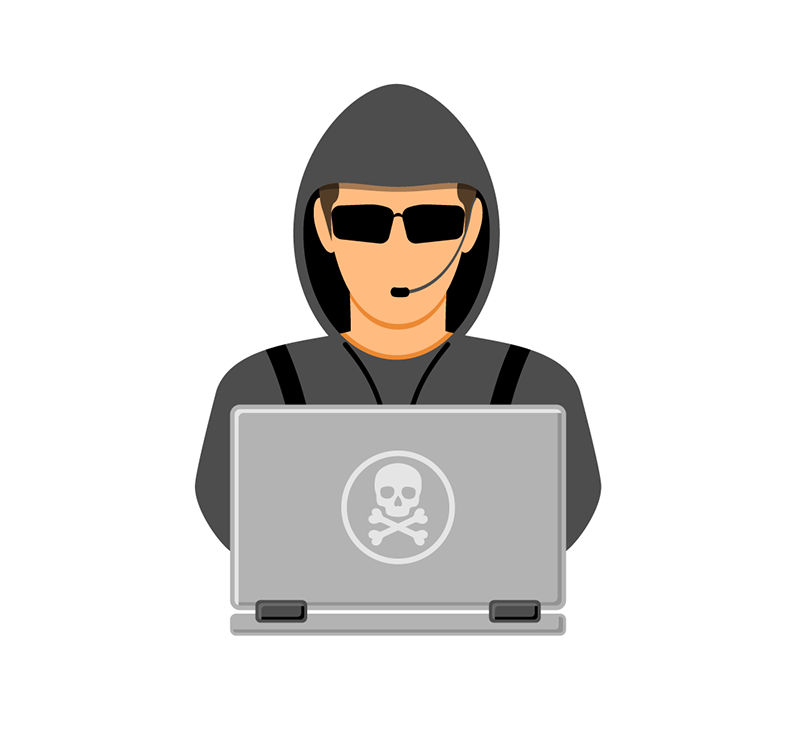 An illustration of a hacker in a hoodie and sunglasses, using a laptop with a skull and crossbones logo.