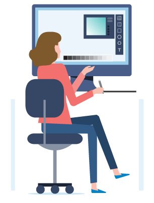 Woman working on digital art with a drawing tablet and computer.