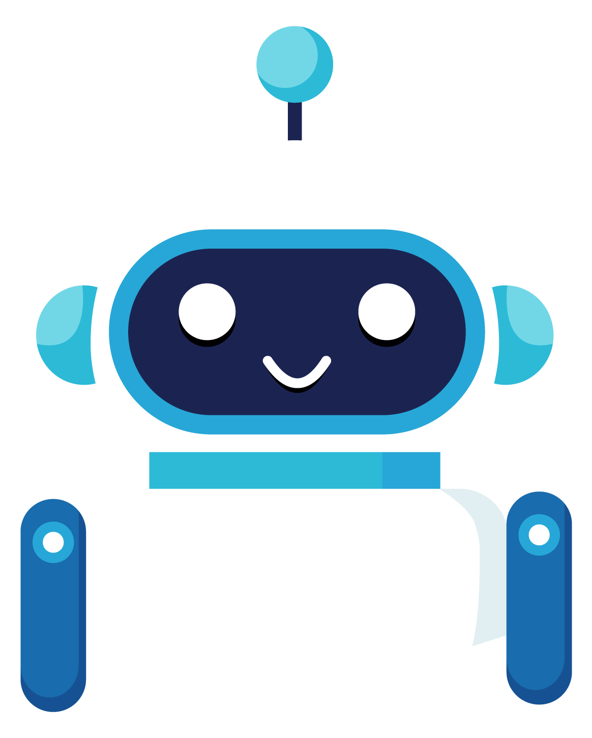 A cartoon robot with a white body, blue parts, and a dark blue face with white eyes and a smile.