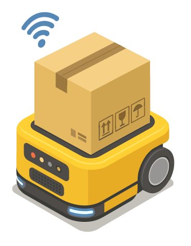 Yellow autonomous robot carrying a cardboard box with Wi-Fi signals.
