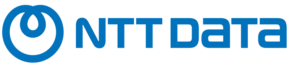 NTT DATA logo with a blue abstract circular design and blue text 'NTT DATA'.