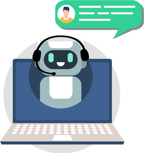 Chatbot in headset on laptop screen, human user's message bubble.