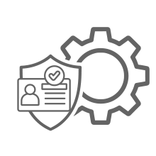 A shield with an ID card and checkmark overlaps a gear icon, symbolizing secure identity management.