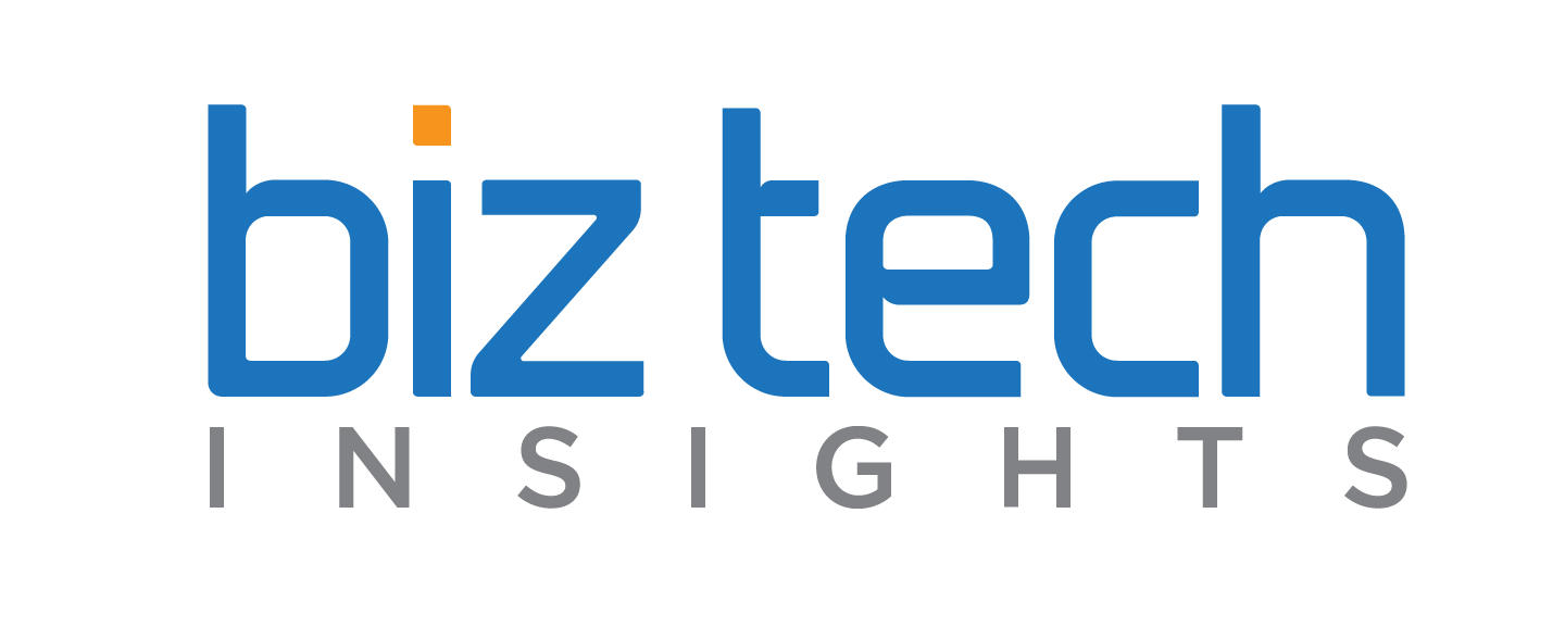 Biztech Insights logo: blue 'biztech' with orange dot, gray 'INSIGHTS' below on dark green.